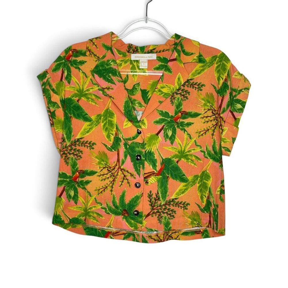Monteau Los Angeles Hawaiian Orange Linen Blend Button Up Shirt Top Womens Small